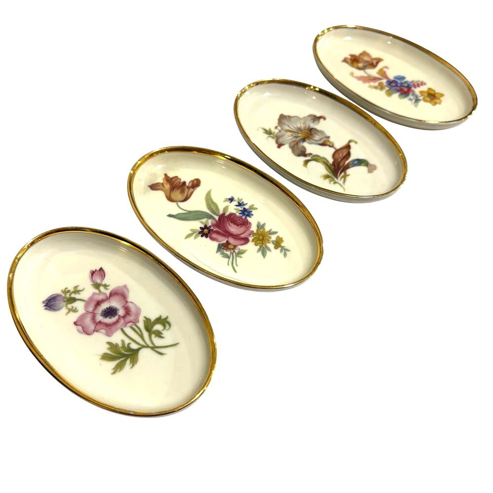 Set of 4 Denmark Danmark porcelain pin dish small oval trays variety floral